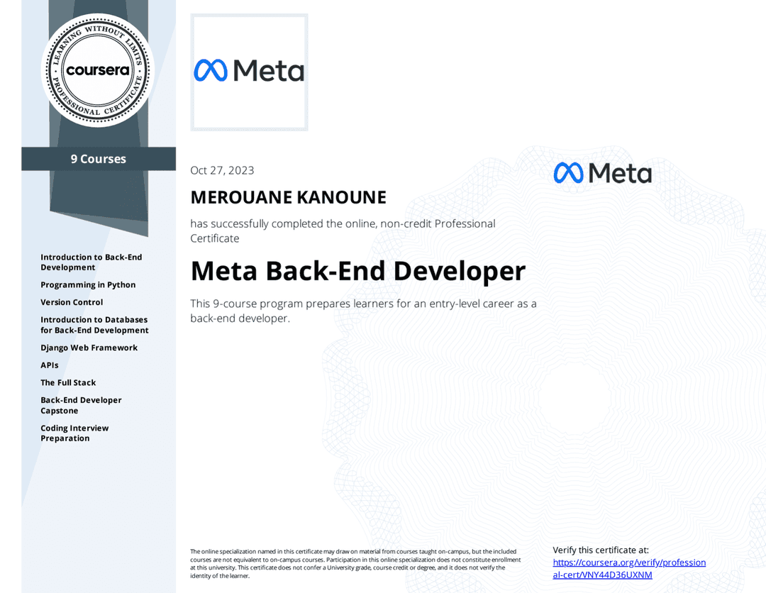 Meta Back-End Developer Professional Certificate - Coursera