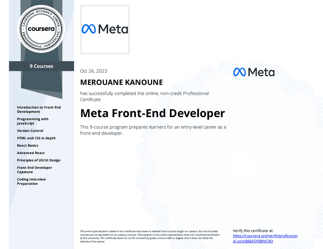 Meta Front-End Developer Professional Certificate - Coursera